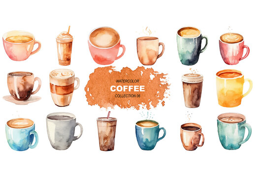 Vector watercolor painted style - coffee cups clipart isolated on white background. Created using Generative AI.