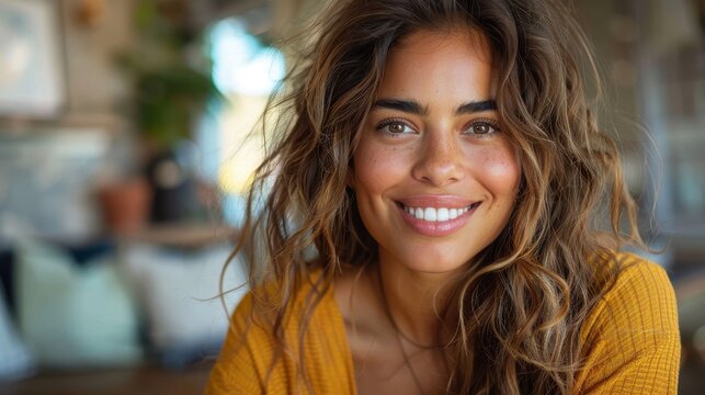 Close-up of a cheerful young lady with a warm smile in a cozy interior setting
