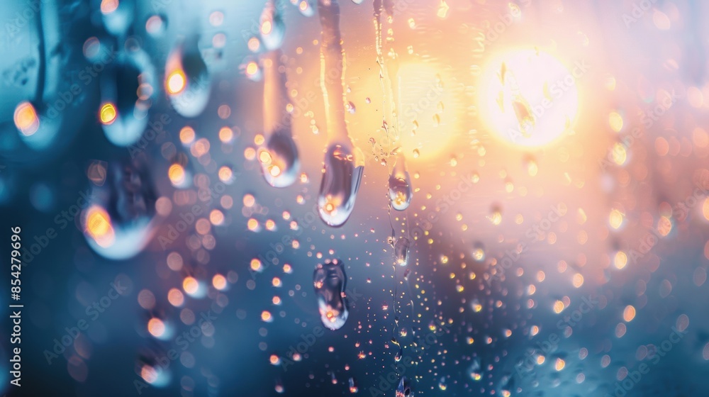 Poster close-up of raindrops on a window, with colorful reflections and bokeh lights in the background.