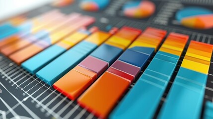 Close-up of vibrant 3D bar graphs on a data chart, illustrating statistical information and business analytics.