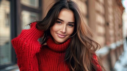 Fototapeta premium Smiling young woman with flowing hair in a bold red sweater, exuding casual elegance and confidence in an urban setting