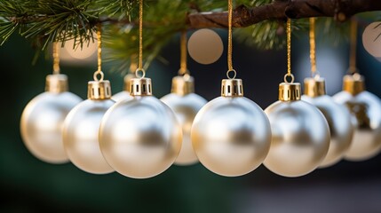 Elegant golden Christmas ornaments hanging on a tree branch, creating a festive and joyful holiday atmosphere.