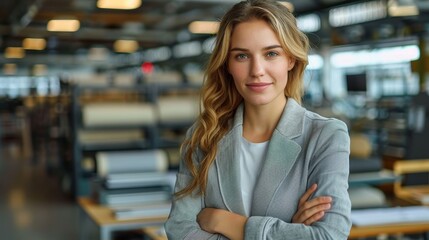 A smiling professional woman stands confidently in a brightly lit office setting