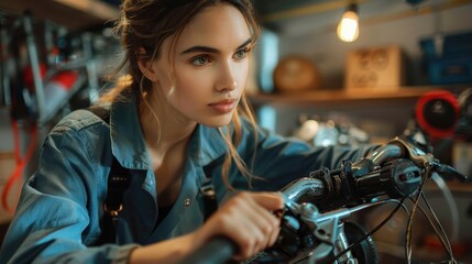 Female mechanic attentively works on the gears of a bicycle in a workshop