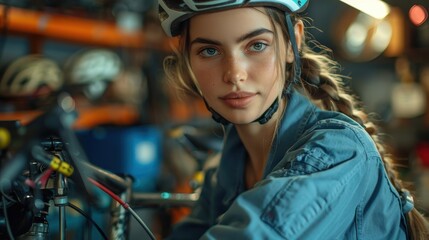 Detail-oriented female bike mechanic adjusts bicycle components in a workshop