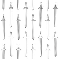 Vector seamless pattern of hand drawn doodle sketch outline sword isolated on white background