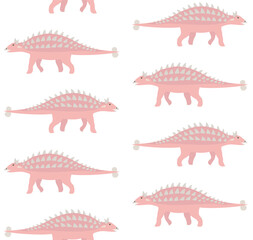 Vector seamless pattern of flat hand drawn pink ankylosaur dinosaur isolated on white background