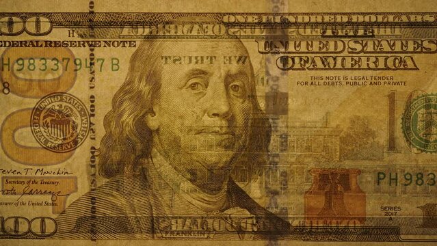 Hundred-Dollar Bill Macro Slider, Warm Light Antique Style. Flashing Light.
