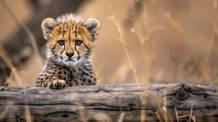 Cheetah cub with large eyes perched on log in Kruger Park South Africa