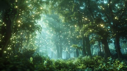 Obraz premium A virtual forest filled with glowing virtual particles creating a mesmerizing and otherworldly atmosphere.
