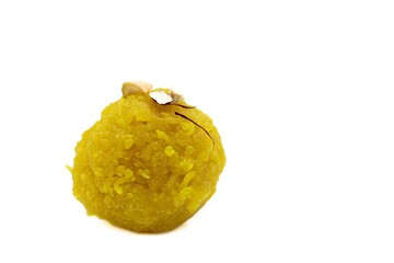 Besan Boondi Ladoo Garnished with Cashew Nut, Pistachio, Almond and Saffron Isolated on White Background with Copy Space