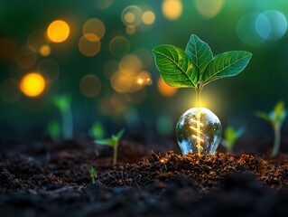 A glowing light bulb with a plant growing inside it, symbolizing sustainable energy and eco-friendly innovation in a vibrant garden.