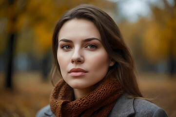 Autumn Elegance, Portrait of a Brunette Girl Embracing the Fall Season, 