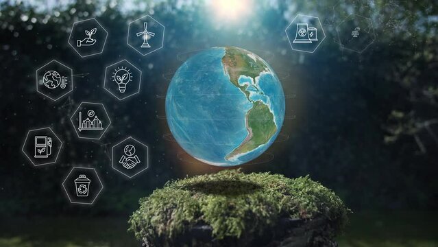 Earth Global Ecological Green Energy Icons Hexagon Concept Mos on Tree stump Nature Background