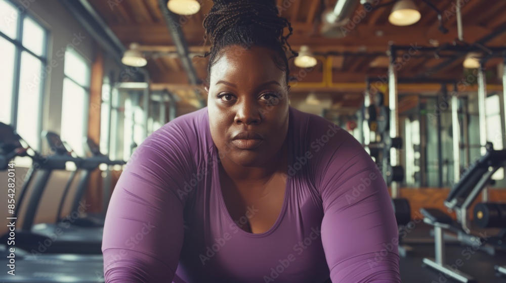 Poster Fat black woman wearing fitness clothes exercising in the gym to lose weight.