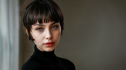 A young woman with a beautiful complexion, short brown hair, and wearing a black turtleneck top. Copy space.