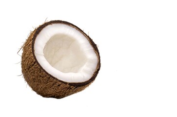 Half Coconut Piece with Coconut Flesh Isolate on White Background with Copy Space