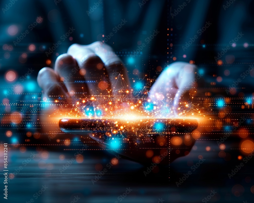 Poster hands using a smartphone with digital technology symbols and lights, representing innovation and con