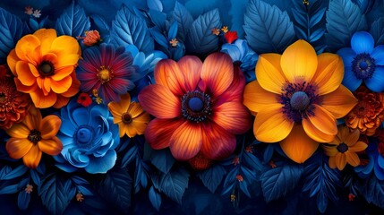 Vibrant colorful flowers and leaves composition on dark blue background, perfect for nature, floral, and botanical themed designs.