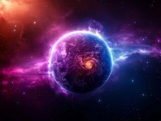 Obraz premium Vibrant cosmic scene depicting a colorful, fantasy planet with glowing rings and nebula in deep space. Stunning outer space digital art.