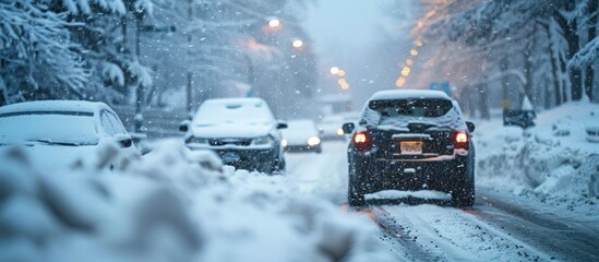 A snowy street with cars driving down it