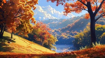 Trees and hills create a picturesque scene on a fall day