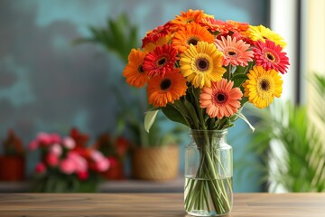 Fototapeta premium Bouquet of beautiful gerbera flowers in vase on table. Sunny day and blurred bokeh background