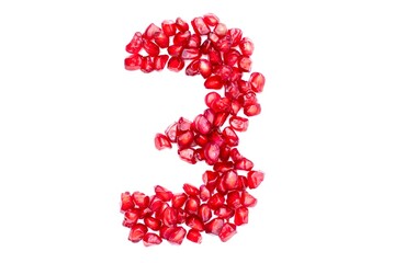 Three or 3 Number Written with Pomegranate Seeds Isolated on White Background