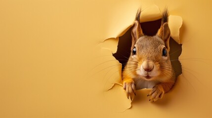 Cute squirrel peeks through the hole in the paper wall. © MadMouse