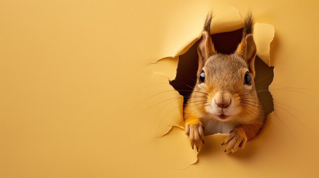 Cute squirrel peeks through the hole in the paper wall.