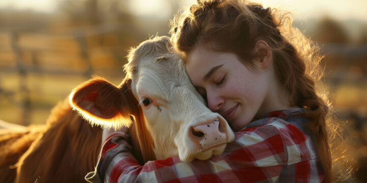 young female milkmaid hugs cow. Happy life on farm with animals.