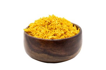 Sev Indian Snack in a Wooden Bowl Isolated on White Background with Copy Space
