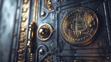 Fototapeta premium Gold Safe deposit with bitcoin logo. Concept symbol of cryptocurrency safety in internet blockchain virtual. Copy space banner