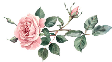 Watercolor pink rose flower clipart illustration and rose floral branch with green leaves on white background