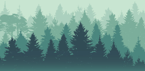 Natural forest landscape. Woodland panorama with silhouettes of coniferous trees, pines, firs and spruces. Background with evergreen plants. Foggy environment scenery. Flat vector illustration