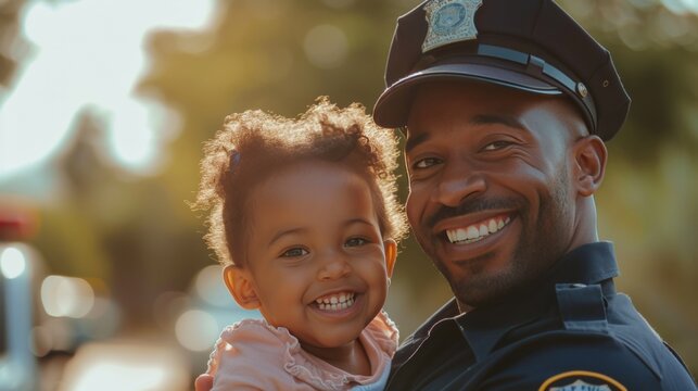 Portrait of a male police officer with a little child