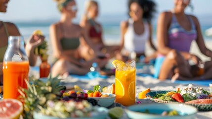 A group of yoga enthusiasts enjoying a healthy brunch on the sand after a morning session on the beach.