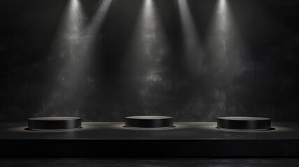 Black stage with spotlit podiums for cosmetic products display on dark background Perfect for showcasing products and designs