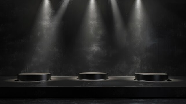 Black stage with spotlit podiums for cosmetic products display on dark background Perfect for showcasing products and designs
