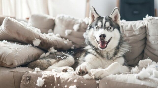 Portrait of a Husky dog sitting in a destroyed sofa