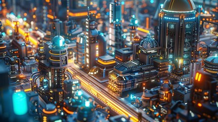 Futuristic Cityscape with Illuminated Buildings.
