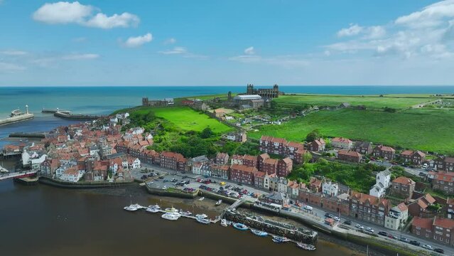 Whitby over River Esk from a drone, North Yorkshire, England