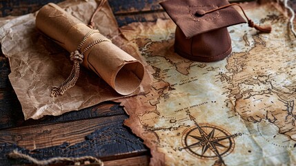 Old parchment scroll, compass and a graduation cap on a wooden background.