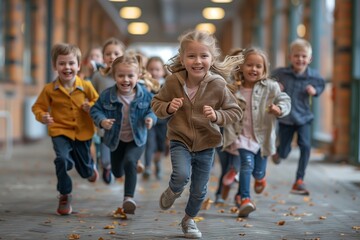 Obraz premium Group of Children Running Down City Street in Autumn