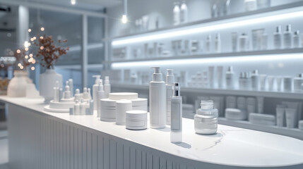A large, empty white room with a white counter and shelves