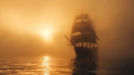 Sailing ship in sea water at sunset.