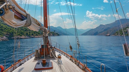 Obraz premium Deck view from a sailing ship with beautiful seascape.