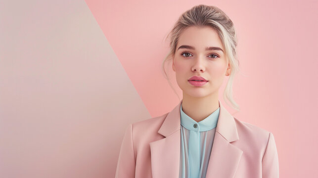A young businesswoman in a stylish pastel blazer and blouse exudes modern sophistication. Her neatly styled hair complements her polished look. The pastel background creates an inviting atmosphere.