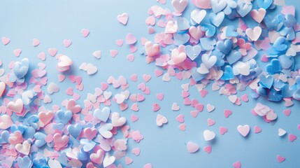 Baby shower theme with heart shaped confetti on pastel pink and blue backdrop Banner for text