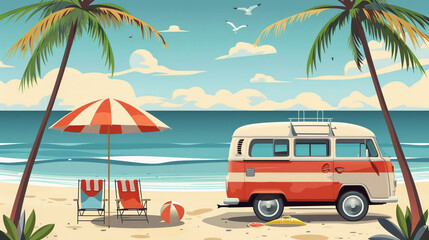 Flat vector illustration of vintage camper van in beautiful beach outdoors